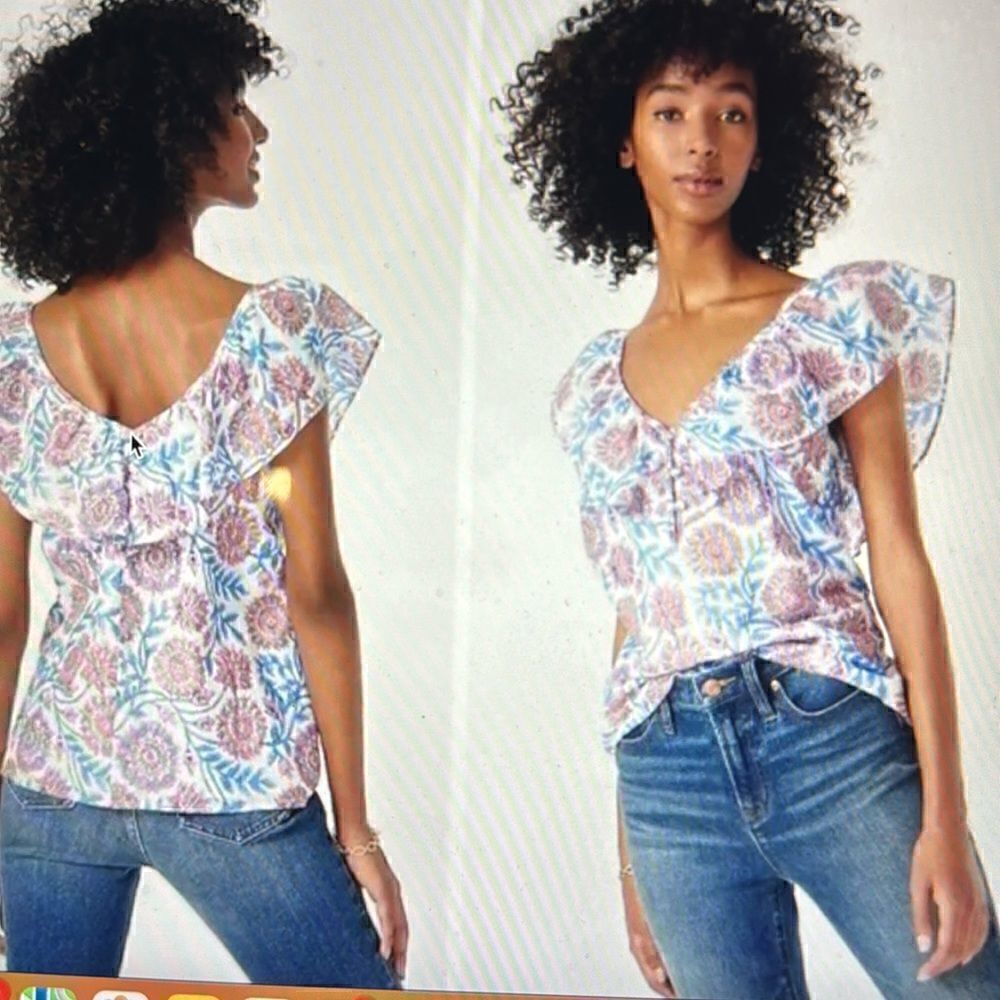 J.Crew Floral Vine Block Print Ruffle Sleeve V Neck Cotton Blouse